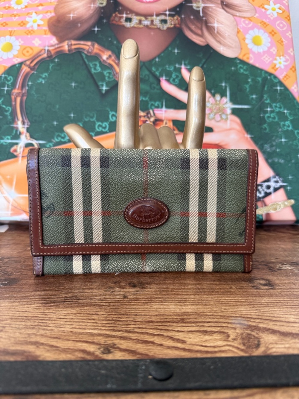 Burberrys Vntg Green Plaid Canvas Leather Trim Wallet